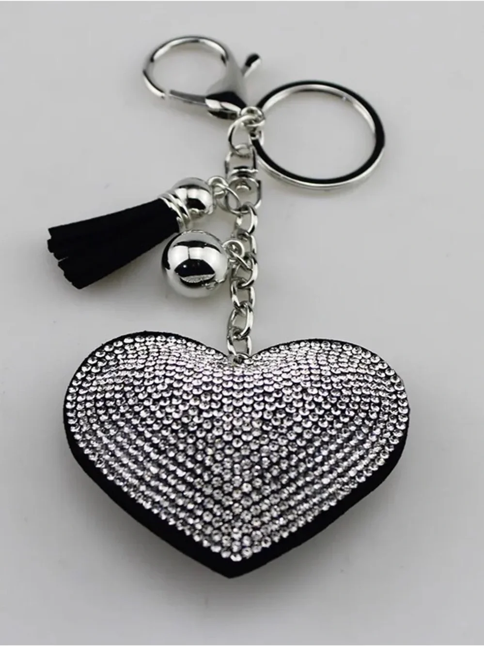 Black Heart Crystal Tassel Keychain - Sparkling Silver Accents